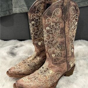 Embroidered Brown Kids Boots